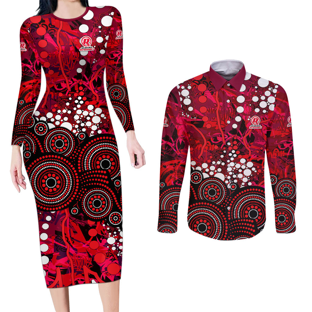 Melbourne Renegades Couples Matching Long Sleeve Bodycon Dress and Long Sleeve Button Shirt Graffiti Urban Aboriginal Dot Abstract Design