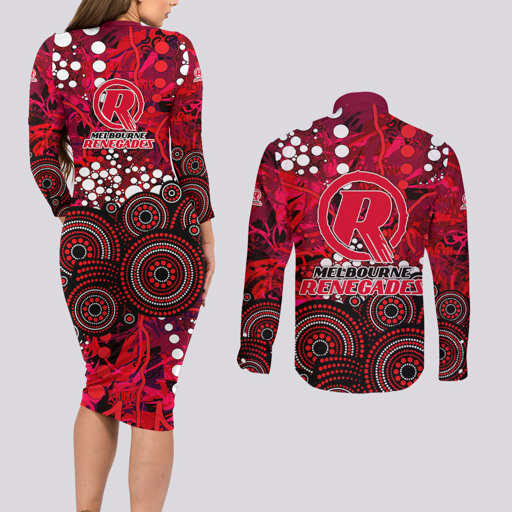 Melbourne Renegades Couples Matching Long Sleeve Bodycon Dress and Long Sleeve Button Shirt Graffiti Urban Aboriginal Dot Abstract Design