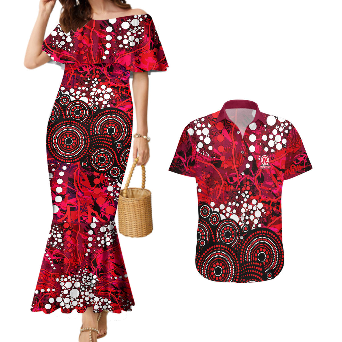 Melbourne Renegades Couples Matching Mermaid Dress and Hawaiian Shirt Graffiti Urban Aboriginal Dot Abstract Design