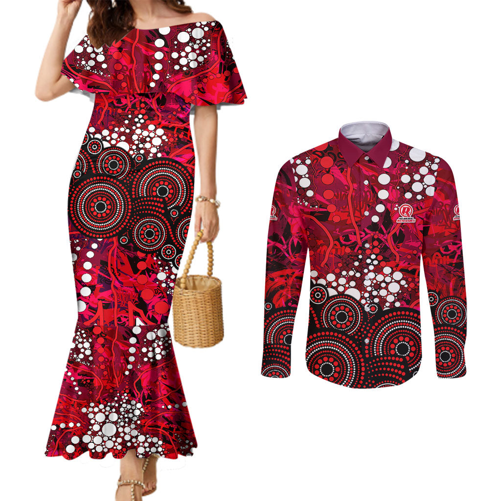 Melbourne Renegades Couples Matching Mermaid Dress and Long Sleeve Button Shirt Graffiti Urban Aboriginal Dot Abstract Design