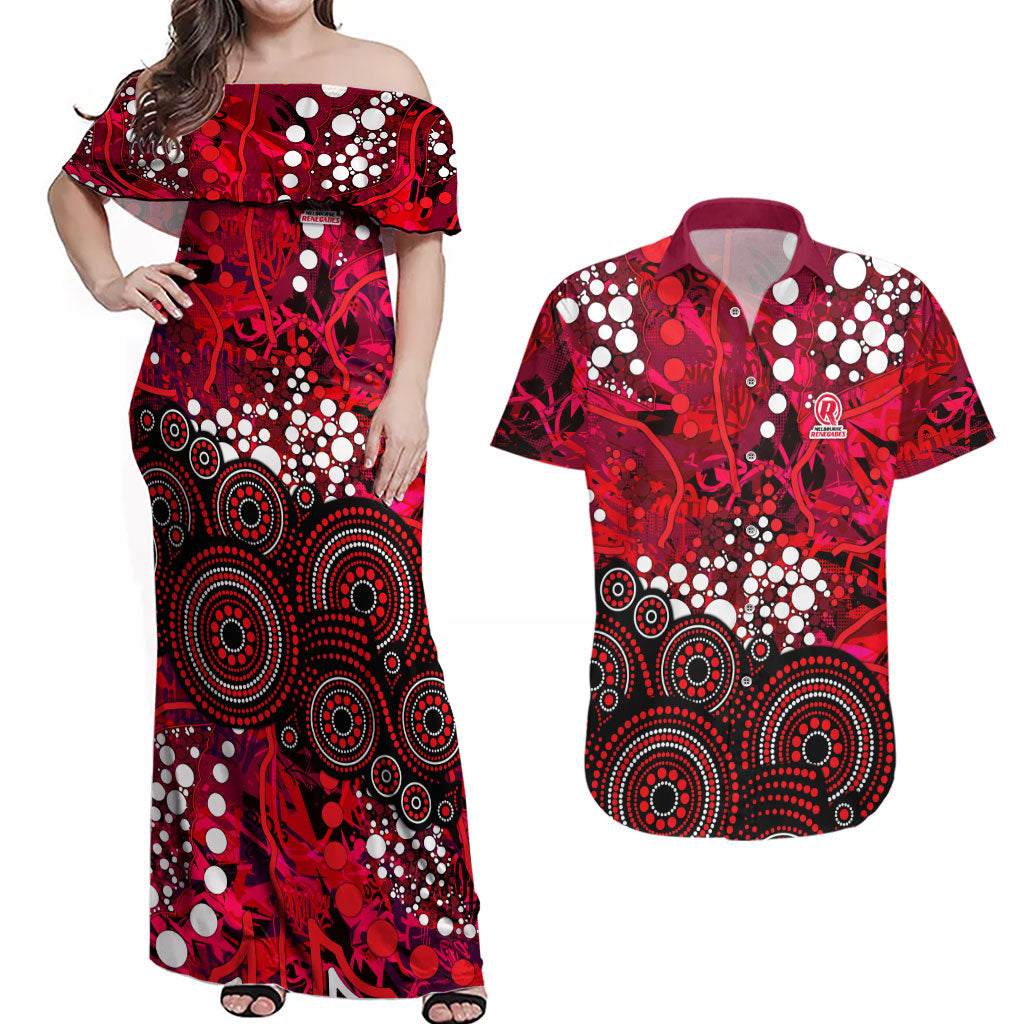 Melbourne Renegades Couples Matching Off Shoulder Maxi Dress and Hawaiian Shirt Graffiti Urban Aboriginal Dot Abstract Design