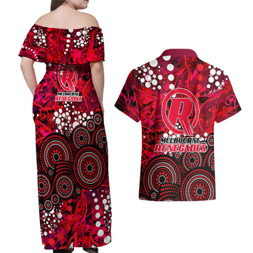 Melbourne Renegades Couples Matching Off Shoulder Maxi Dress and Hawaiian Shirt Graffiti Urban Aboriginal Dot Abstract Design