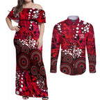 Melbourne Renegades Couples Matching Off Shoulder Maxi Dress and Long Sleeve Button Shirt Graffiti Urban Aboriginal Dot Abstract Design
