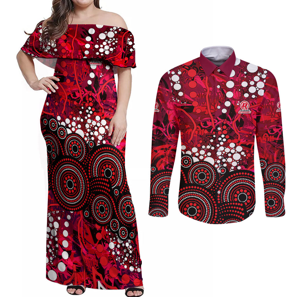 Melbourne Renegades Couples Matching Off Shoulder Maxi Dress and Long Sleeve Button Shirt Graffiti Urban Aboriginal Dot Abstract Design