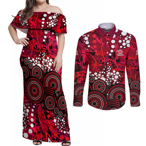 Melbourne Renegades Couples Matching Off Shoulder Maxi Dress and Long Sleeve Button Shirt Graffiti Urban Aboriginal Dot Abstract Design