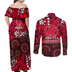 Melbourne Renegades Couples Matching Off Shoulder Maxi Dress and Long Sleeve Button Shirt Graffiti Urban Aboriginal Dot Abstract Design