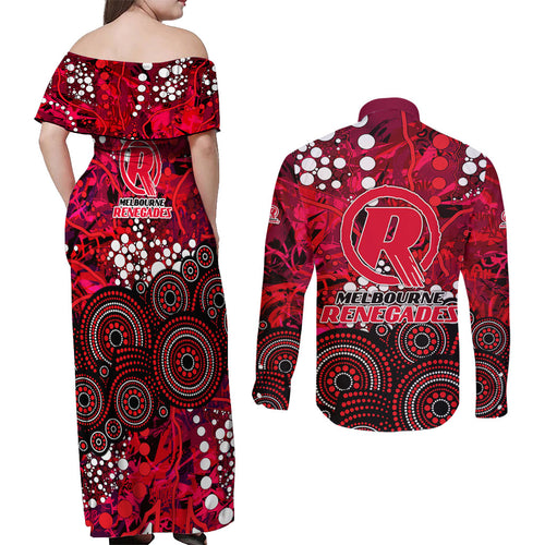 Melbourne Renegades Couples Matching Off Shoulder Maxi Dress and Long Sleeve Button Shirt Graffiti Urban Aboriginal Dot Abstract Design