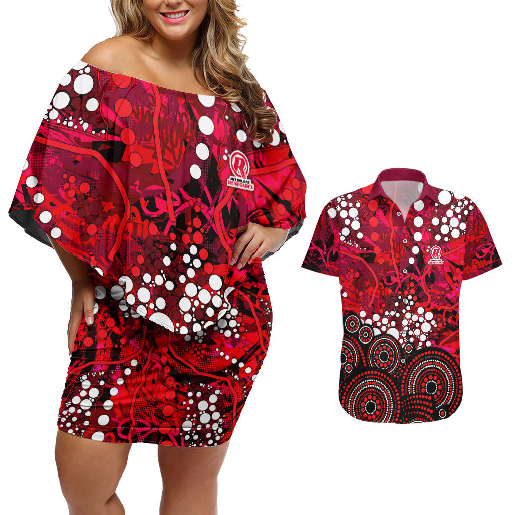 Melbourne Renegades Couples Matching Off Shoulder Short Dress and Hawaiian Shirt Graffiti Urban Aboriginal Dot Abstract Design