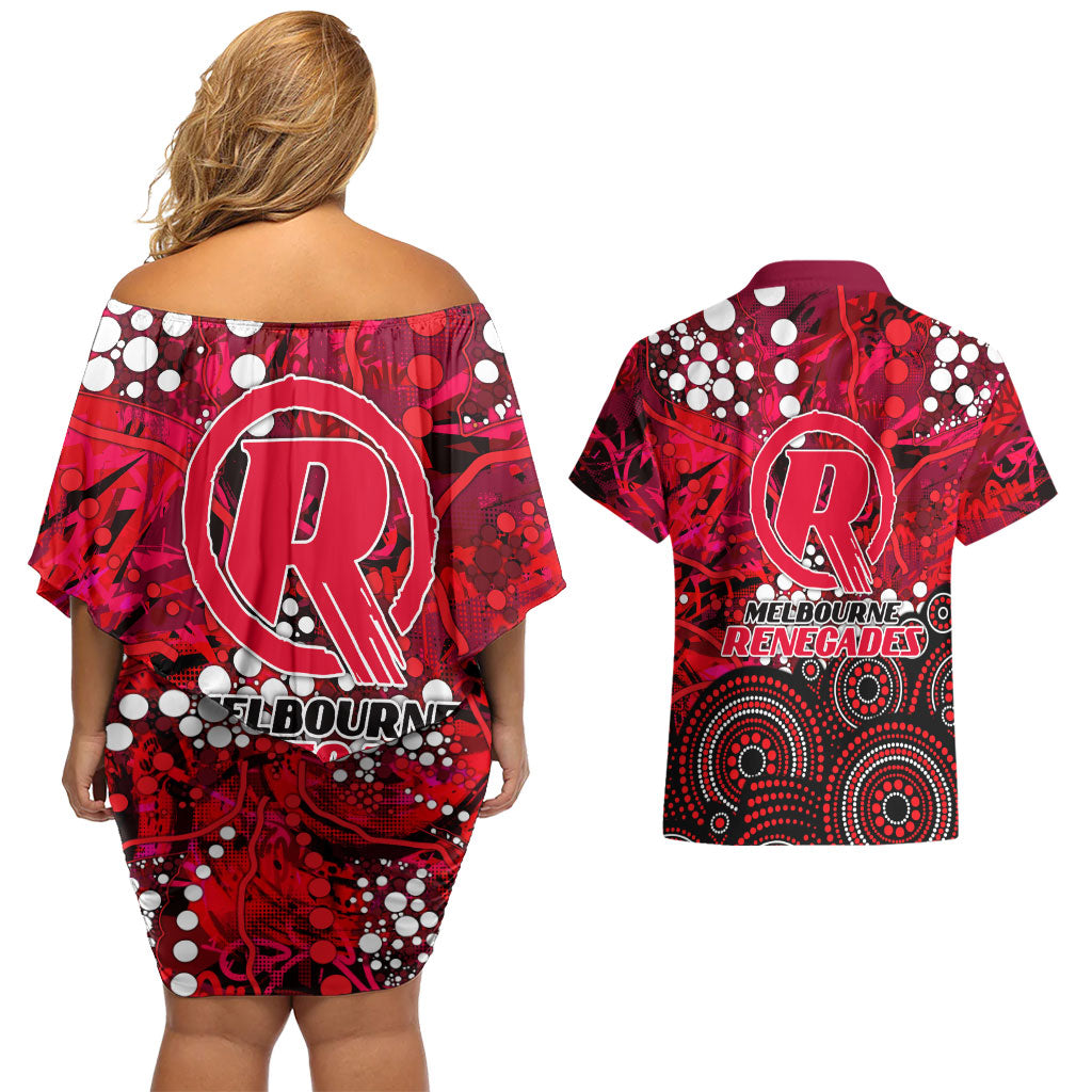 Melbourne Renegades Couples Matching Off Shoulder Short Dress and Hawaiian Shirt Graffiti Urban Aboriginal Dot Abstract Design
