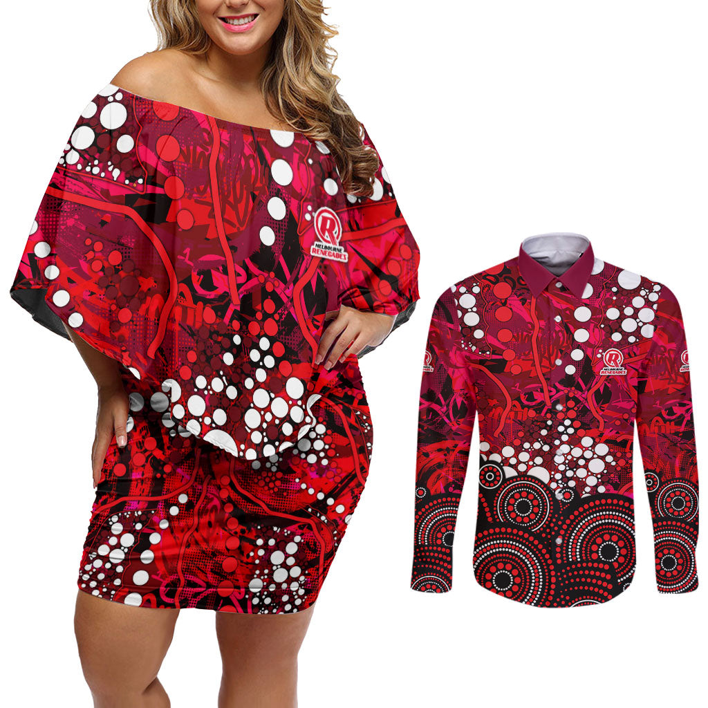 Melbourne Renegades Couples Matching Off Shoulder Short Dress and Long Sleeve Button Shirt Graffiti Urban Aboriginal Dot Abstract Design