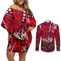 Melbourne Renegades Couples Matching Off Shoulder Short Dress and Long Sleeve Button Shirt Graffiti Urban Aboriginal Dot Abstract Design