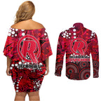 Melbourne Renegades Couples Matching Off Shoulder Short Dress and Long Sleeve Button Shirt Graffiti Urban Aboriginal Dot Abstract Design