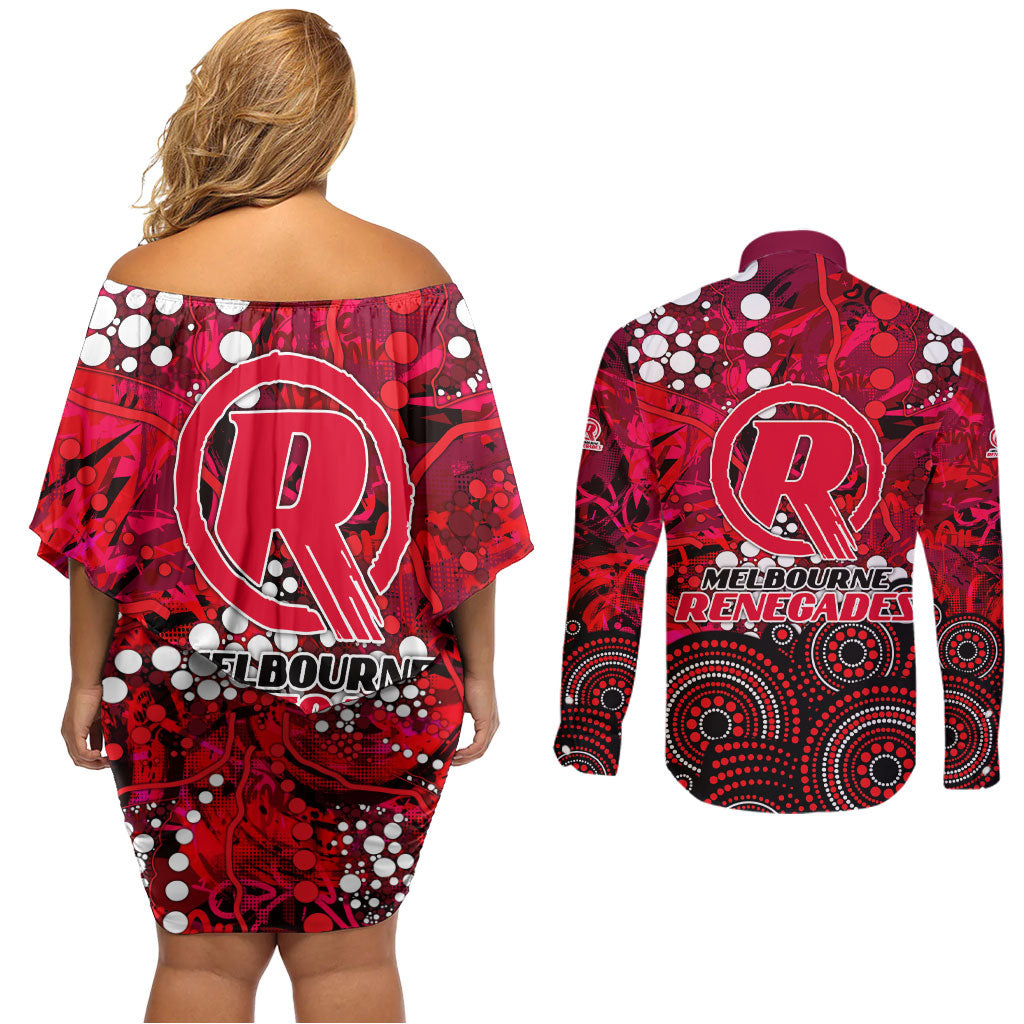 Melbourne Renegades Couples Matching Off Shoulder Short Dress and Long Sleeve Button Shirt Graffiti Urban Aboriginal Dot Abstract Design