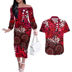 Melbourne Renegades Couples Matching Off The Shoulder Long Sleeve Dress and Hawaiian Shirt Graffiti Urban Aboriginal Dot Abstract Design