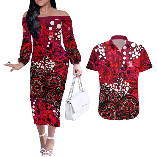 Melbourne Renegades Couples Matching Off The Shoulder Long Sleeve Dress and Hawaiian Shirt Graffiti Urban Aboriginal Dot Abstract Design