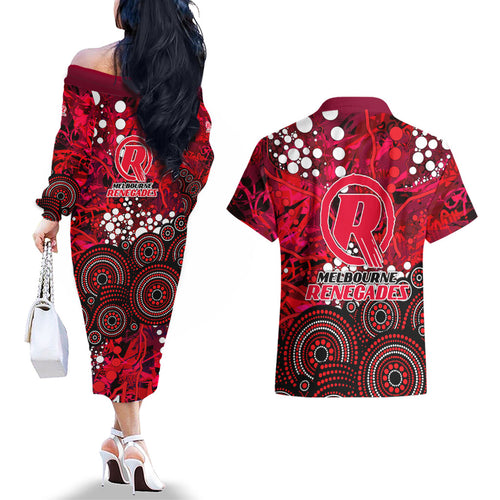 Melbourne Renegades Couples Matching Off The Shoulder Long Sleeve Dress and Hawaiian Shirt Graffiti Urban Aboriginal Dot Abstract Design