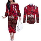 Melbourne Renegades Couples Matching Off The Shoulder Long Sleeve Dress and Long Sleeve Button Shirt Graffiti Urban Aboriginal Dot Abstract Design