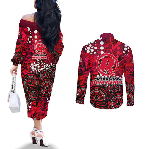 Melbourne Renegades Couples Matching Off The Shoulder Long Sleeve Dress and Long Sleeve Button Shirt Graffiti Urban Aboriginal Dot Abstract Design