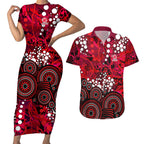 Melbourne Renegades Couples Matching Short Sleeve Bodycon Dress and Hawaiian Shirt Graffiti Urban Aboriginal Dot Abstract Design