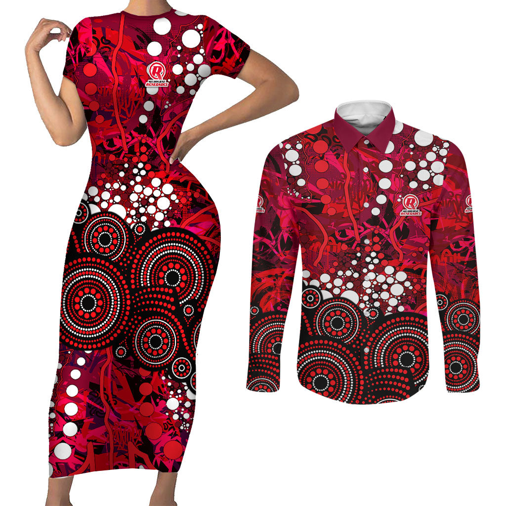 Melbourne Renegades Couples Matching Short Sleeve Bodycon Dress and Long Sleeve Button Shirt Graffiti Urban Aboriginal Dot Abstract Design