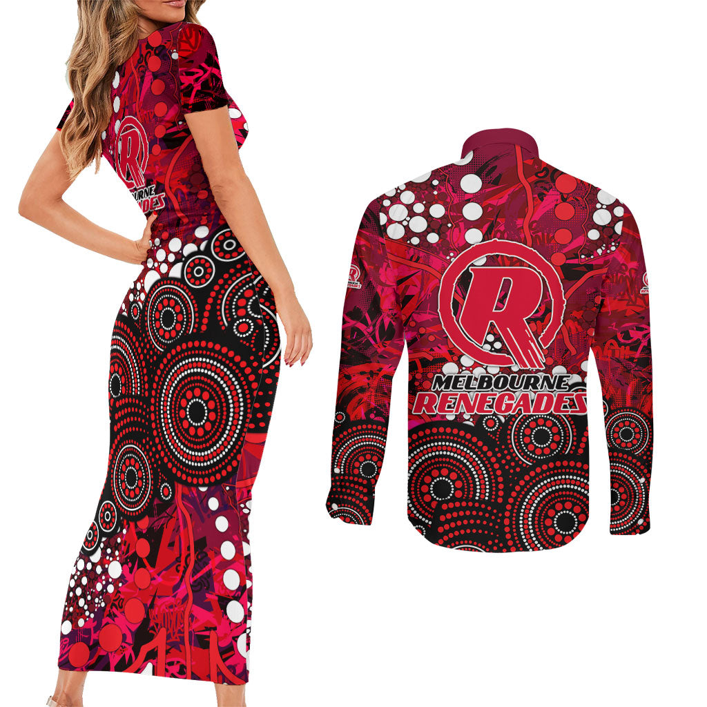 Melbourne Renegades Couples Matching Short Sleeve Bodycon Dress and Long Sleeve Button Shirt Graffiti Urban Aboriginal Dot Abstract Design