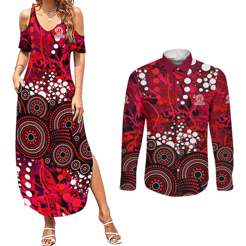 Melbourne Renegades Couples Matching Summer Maxi Dress and Long Sleeve Button Shirt Graffiti Urban Aboriginal Dot Abstract Design