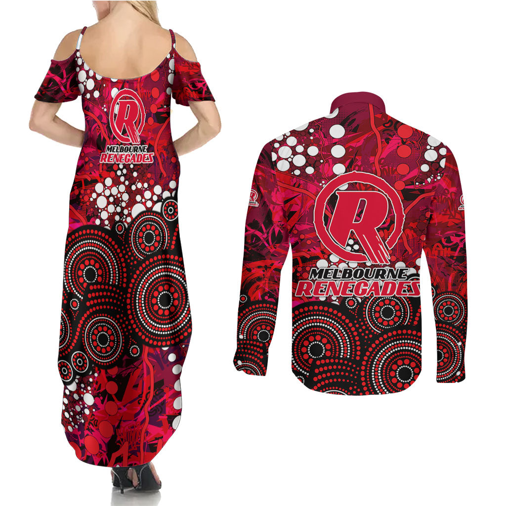 Melbourne Renegades Couples Matching Summer Maxi Dress and Long Sleeve Button Shirt Graffiti Urban Aboriginal Dot Abstract Design