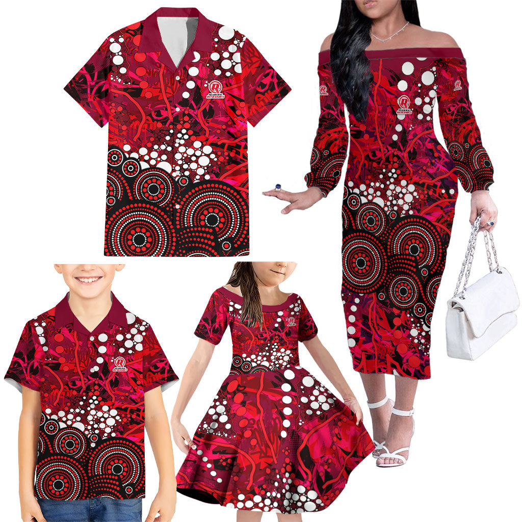 Melbourne Renegades Family Matching Off The Shoulder Long Sleeve Dress and Hawaiian Shirt Graffiti Urban Aboriginal Dot Abstract Design