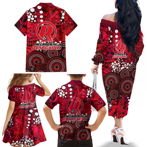 Melbourne Renegades Family Matching Off The Shoulder Long Sleeve Dress and Hawaiian Shirt Graffiti Urban Aboriginal Dot Abstract Design