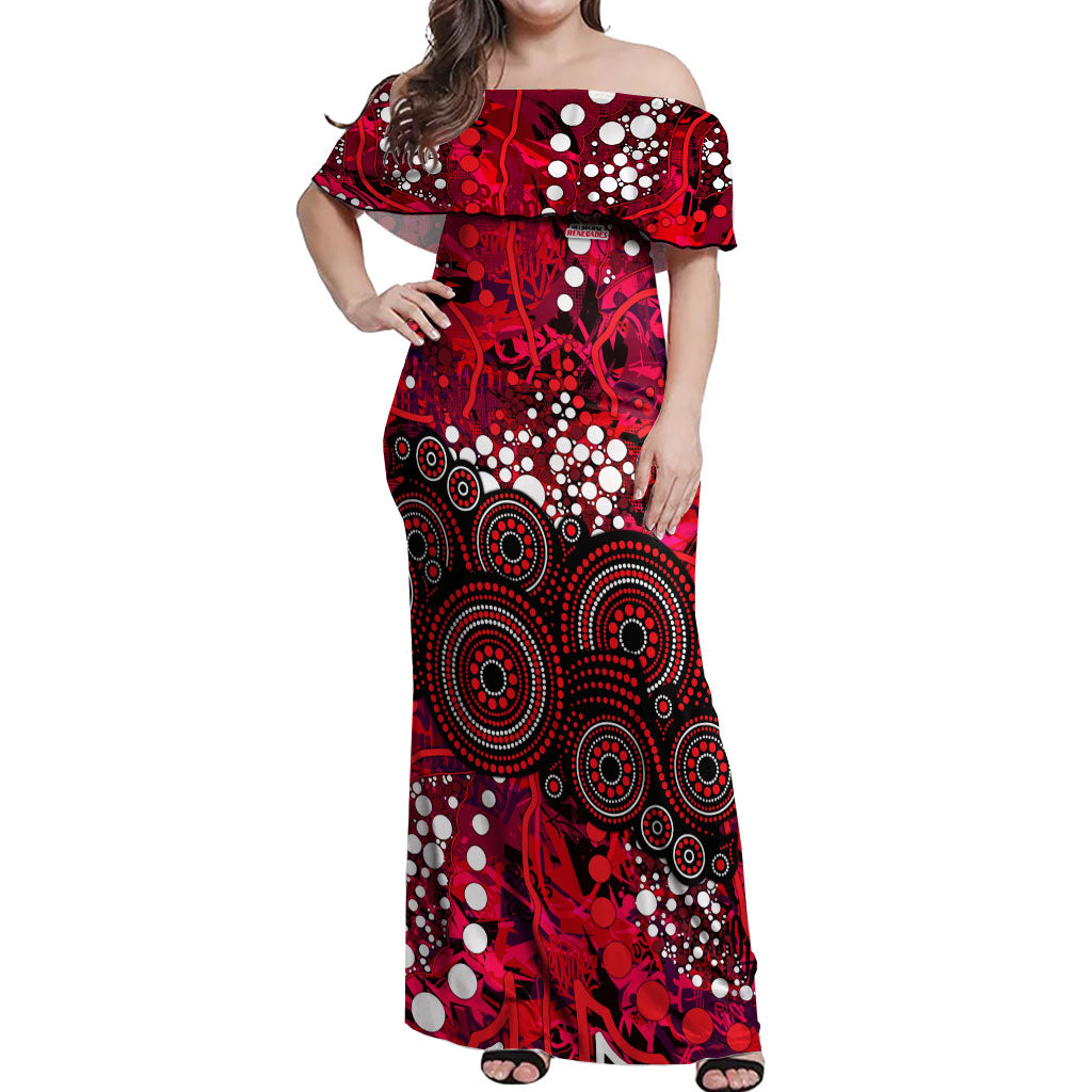 Melbourne Renegades Off Shoulder Maxi Dress Graffiti Urban Aboriginal Dot Abstract Design