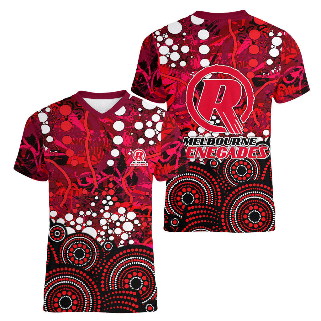Melbourne Renegades Women V-Neck T-Shirt Graffiti Urban Aboriginal Dot Abstract Design