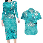 Brisbane Heat Couples Matching Long Sleeve Bodycon Dress and Hawaiian Shirt Graffiti Urban Aboriginal Dot Abstract Design