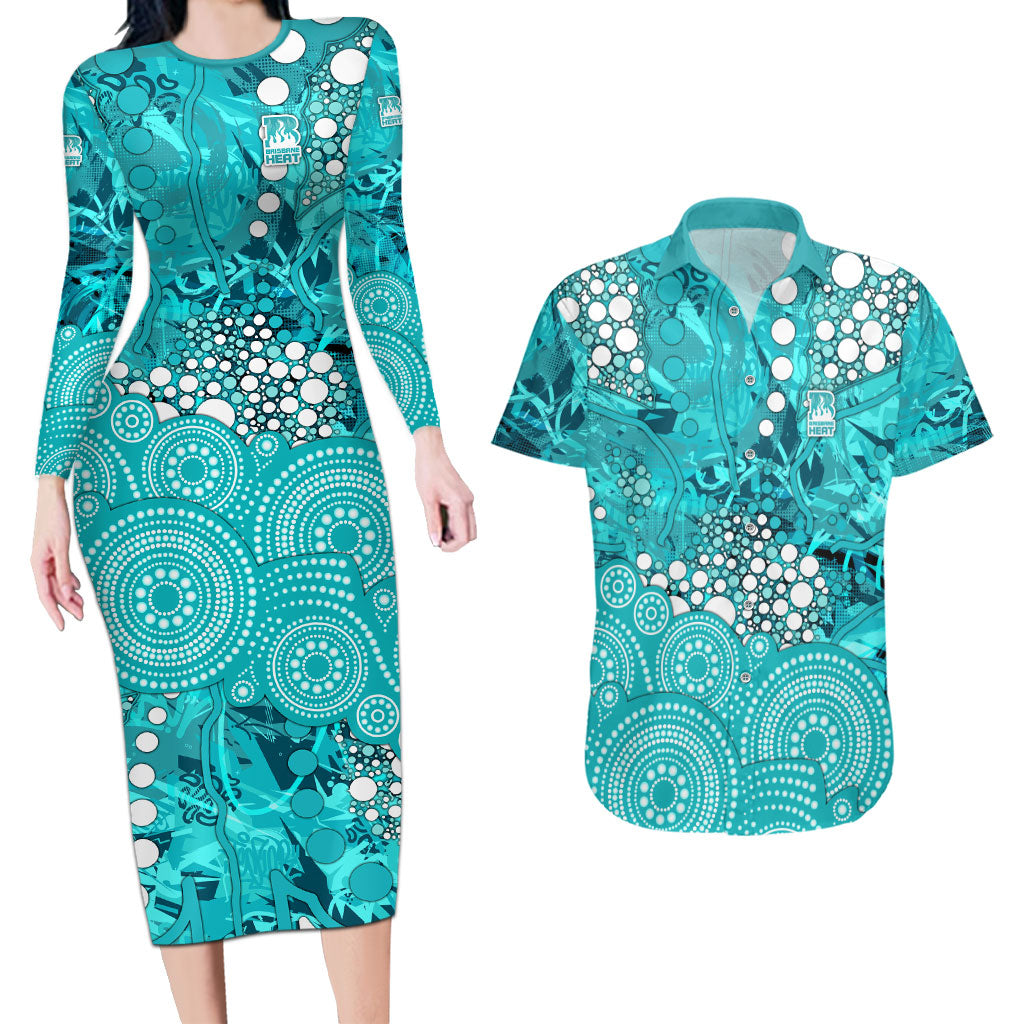 Brisbane Heat Couples Matching Long Sleeve Bodycon Dress and Hawaiian Shirt Graffiti Urban Aboriginal Dot Abstract Design