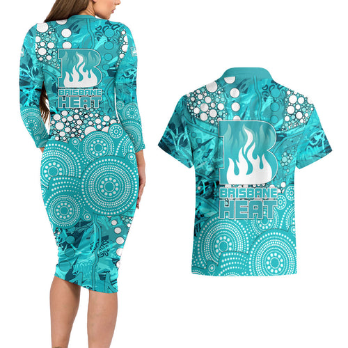 Brisbane Heat Couples Matching Long Sleeve Bodycon Dress and Hawaiian Shirt Graffiti Urban Aboriginal Dot Abstract Design