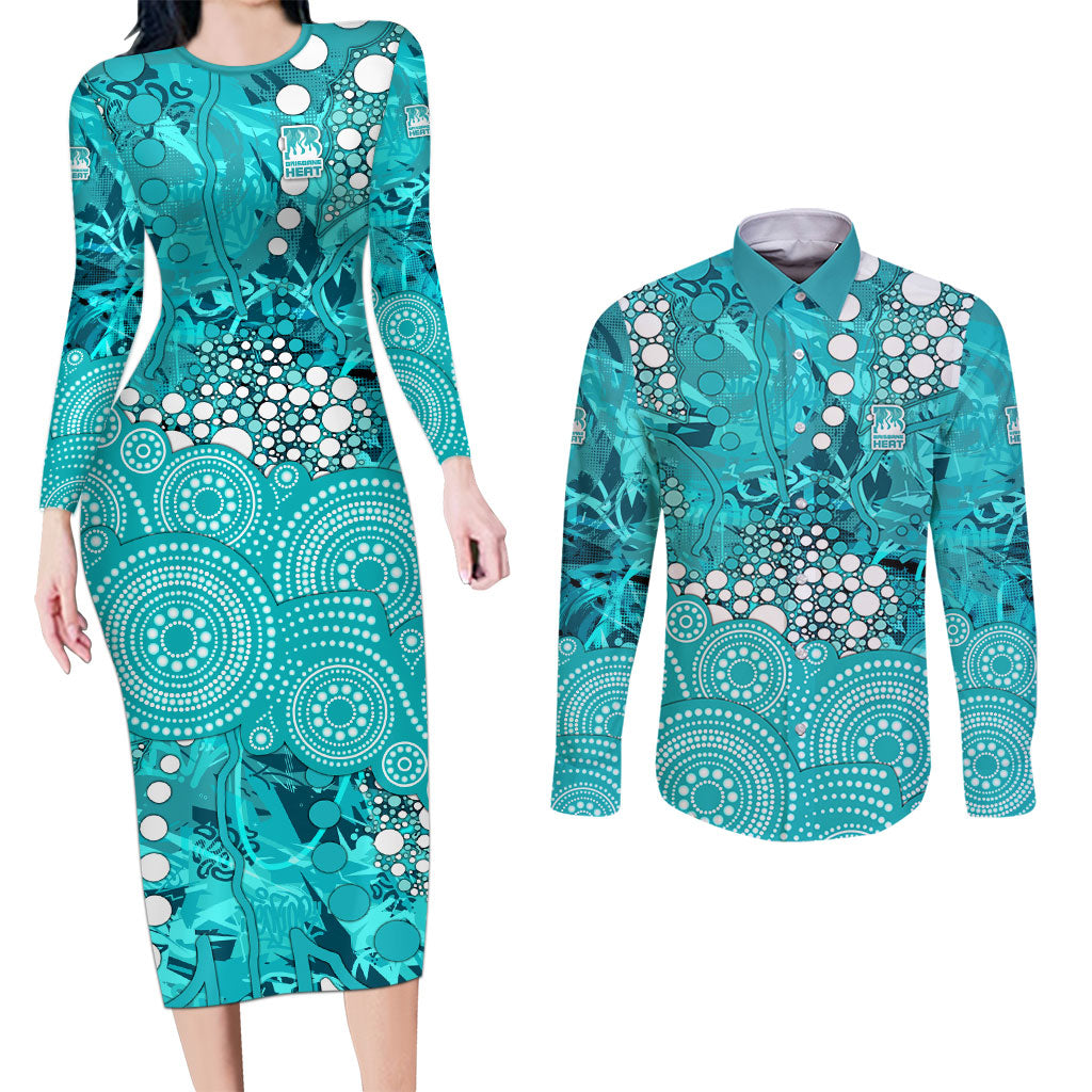 Brisbane Heat Couples Matching Long Sleeve Bodycon Dress and Long Sleeve Button Shirt Graffiti Urban Aboriginal Dot Abstract Design