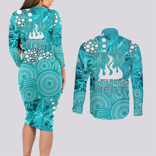 Brisbane Heat Couples Matching Long Sleeve Bodycon Dress and Long Sleeve Button Shirt Graffiti Urban Aboriginal Dot Abstract Design