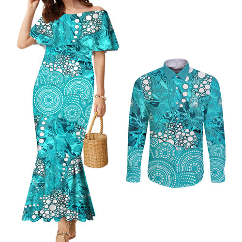 Brisbane Heat Couples Matching Mermaid Dress and Long Sleeve Button Shirt Graffiti Urban Aboriginal Dot Abstract Design