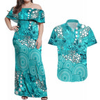 Brisbane Heat Couples Matching Off Shoulder Maxi Dress and Hawaiian Shirt Graffiti Urban Aboriginal Dot Abstract Design