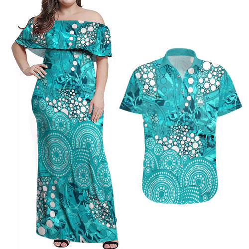 Brisbane Heat Couples Matching Off Shoulder Maxi Dress and Hawaiian Shirt Graffiti Urban Aboriginal Dot Abstract Design