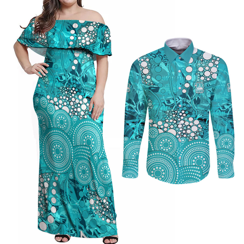 Brisbane Heat Couples Matching Off Shoulder Maxi Dress and Long Sleeve Button Shirt Graffiti Urban Aboriginal Dot Abstract Design