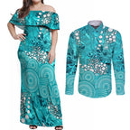 Brisbane Heat Couples Matching Off Shoulder Maxi Dress and Long Sleeve Button Shirt Graffiti Urban Aboriginal Dot Abstract Design