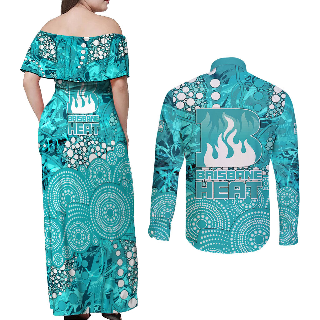 Brisbane Heat Couples Matching Off Shoulder Maxi Dress and Long Sleeve Button Shirt Graffiti Urban Aboriginal Dot Abstract Design