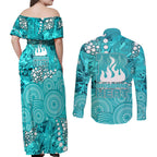 Brisbane Heat Couples Matching Off Shoulder Maxi Dress and Long Sleeve Button Shirt Graffiti Urban Aboriginal Dot Abstract Design