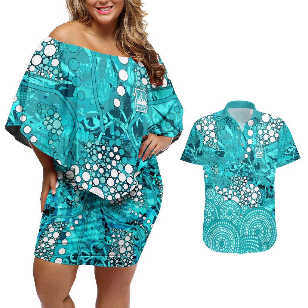 Brisbane Heat Couples Matching Off Shoulder Short Dress and Hawaiian Shirt Graffiti Urban Aboriginal Dot Abstract Design
