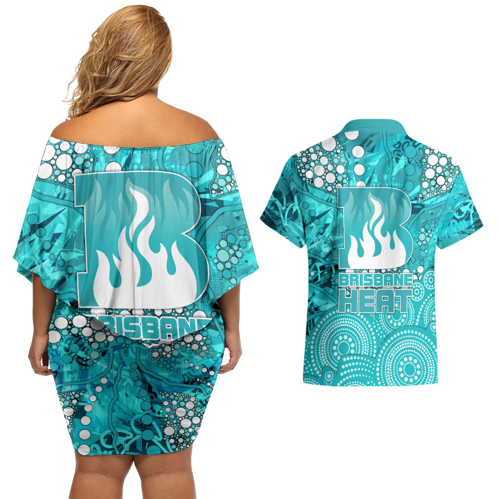 Brisbane Heat Couples Matching Off Shoulder Short Dress and Hawaiian Shirt Graffiti Urban Aboriginal Dot Abstract Design