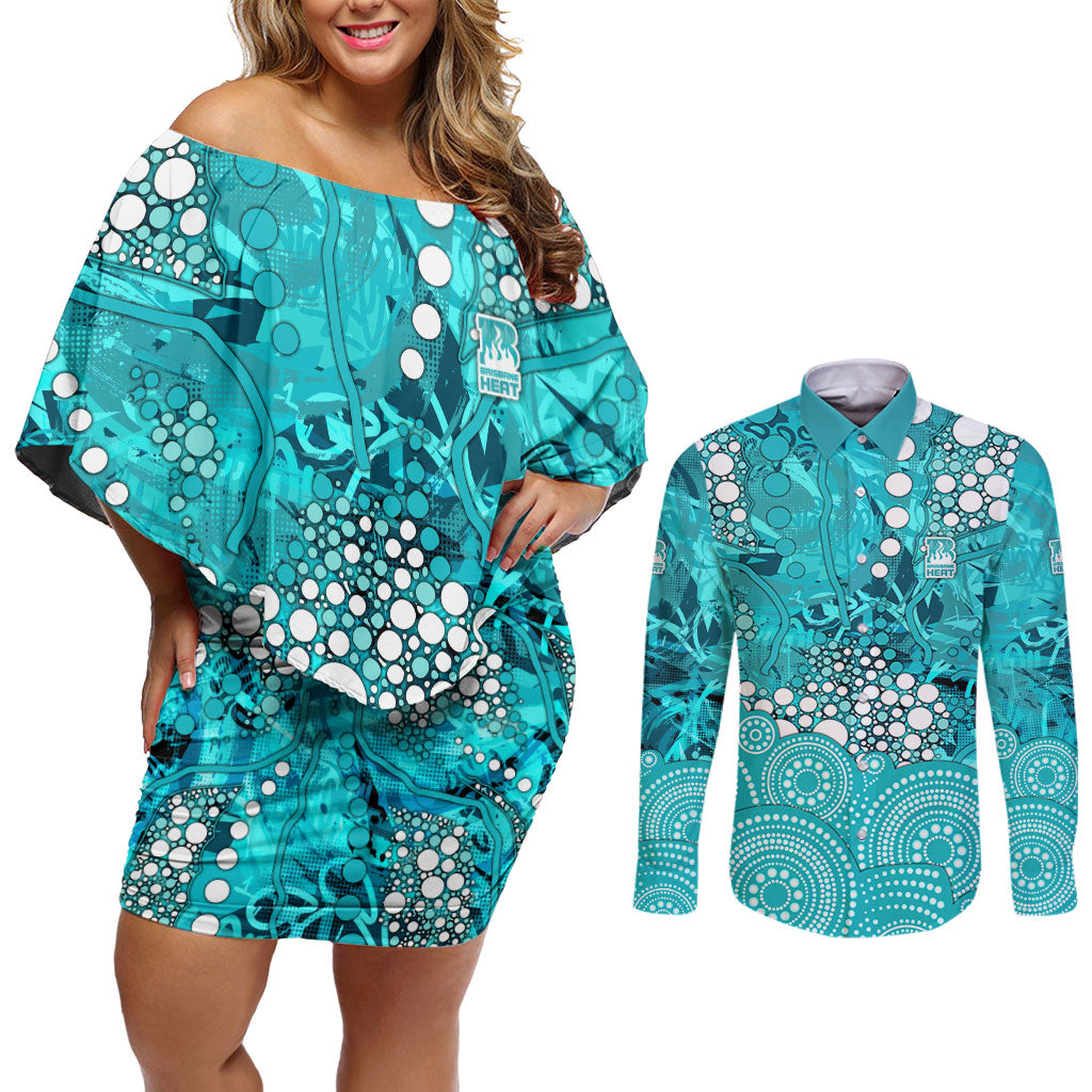 Brisbane Heat Couples Matching Off Shoulder Short Dress and Long Sleeve Button Shirt Graffiti Urban Aboriginal Dot Abstract Design