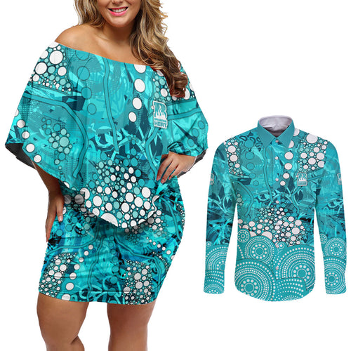 Brisbane Heat Couples Matching Off Shoulder Short Dress and Long Sleeve Button Shirt Graffiti Urban Aboriginal Dot Abstract Design