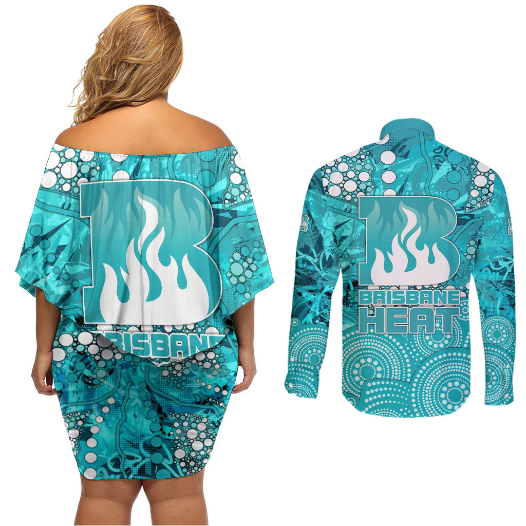 Brisbane Heat Couples Matching Off Shoulder Short Dress and Long Sleeve Button Shirt Graffiti Urban Aboriginal Dot Abstract Design