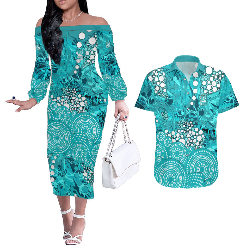 Brisbane Heat Couples Matching Off The Shoulder Long Sleeve Dress and Hawaiian Shirt Graffiti Urban Aboriginal Dot Abstract Design