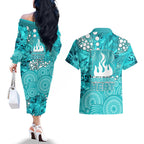 Brisbane Heat Couples Matching Off The Shoulder Long Sleeve Dress and Hawaiian Shirt Graffiti Urban Aboriginal Dot Abstract Design
